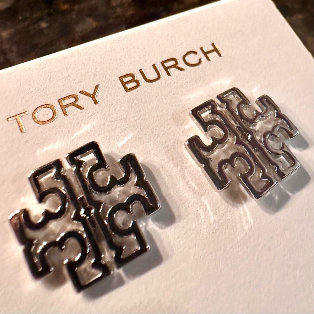 New Tory Burch Britten Logo Silver Stud Earrings; Silver Cones w/TB Earring Card